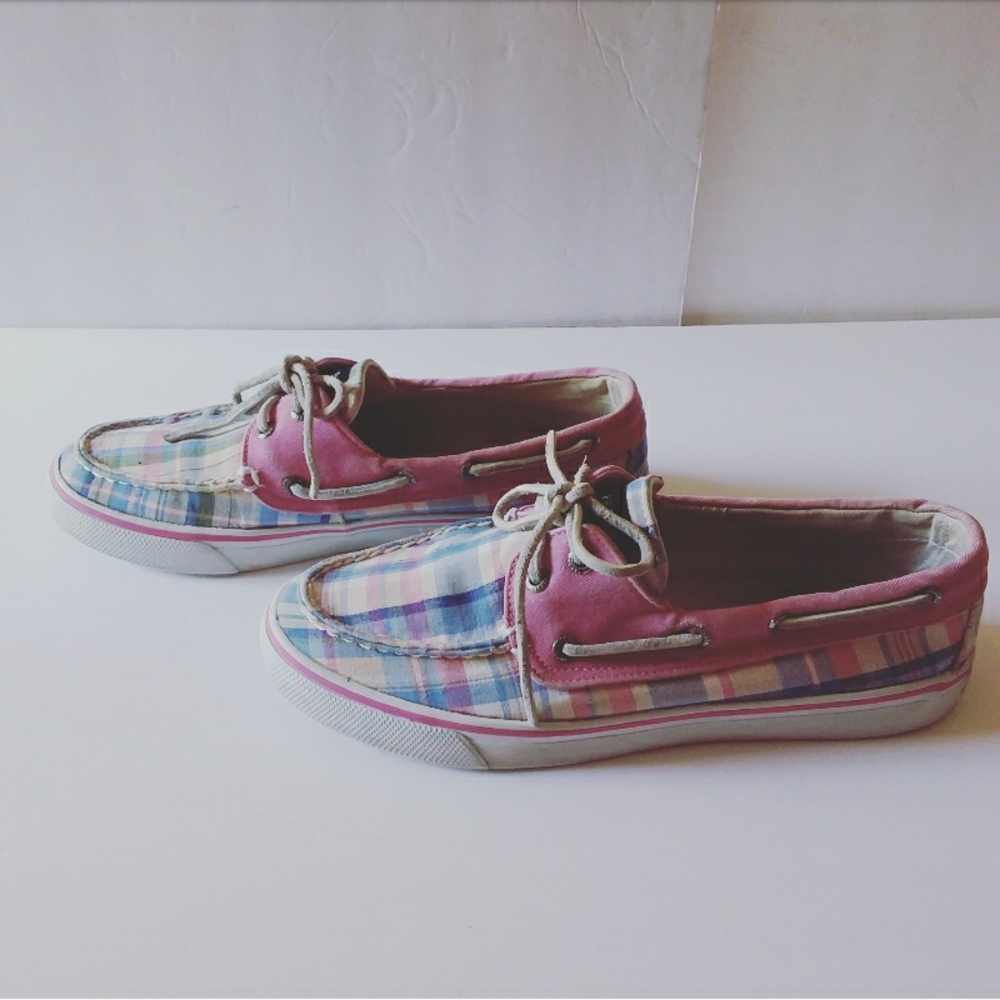 Sperry Pink, Blue & Tan Plaid Topsiders w/Rawhide Laces - Picture 4 of 7